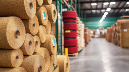 Several rolls of carpet padding and underlayment material stacked in a warehouse for flooring installationの素材