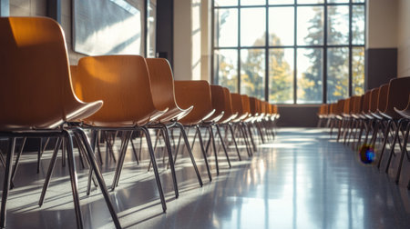 Lined-up chairs and desks facing a clean smartboard with morning sunlight shining through windowsの素材