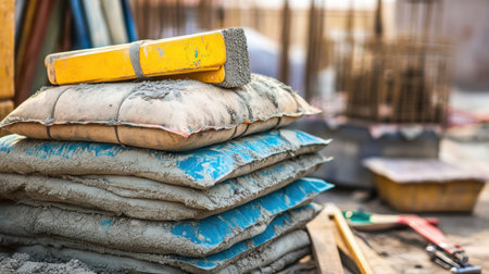 Several bags of concrete mix piled on top of each other with construction tools nearbyの素材