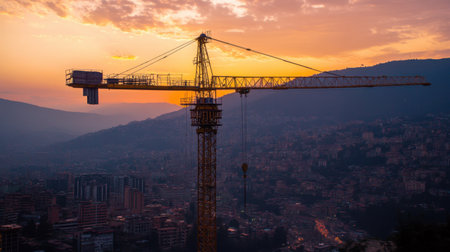 View of a towering crane with a cityscape under construction in the backgroundの素材