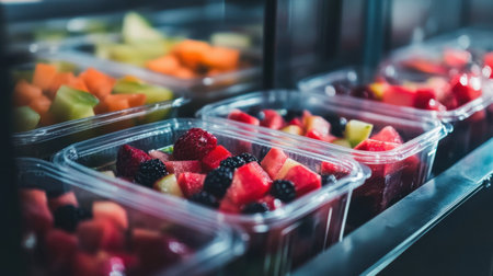 Close-up of food packaging machine sealing ready-to-eat meals in transparent containers.の素材