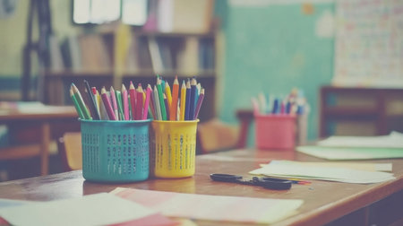 Arts and crafts supplies on a school table colored paper, glue, scissors, and watercolor set in useの素材