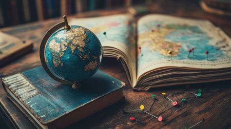 Classroom globe with open geography books, push pins, and vintage map tools on a learning tableの素材
