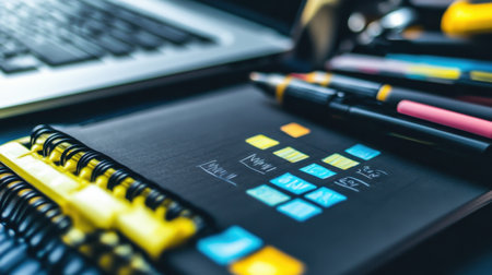 Artistic study notes with doodles and color-coded sections on a spiral notebook, surrounded by markersの素材