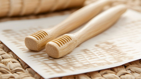 Bamboo massage tools and reflexology chart placed on a woven surface for educational useの素材