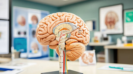 Close-up of brain model with labeled parts and neurology posters in a medical science classroomの素材