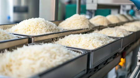Automated machine portioning rice into microwavable trays with precision.の素材
