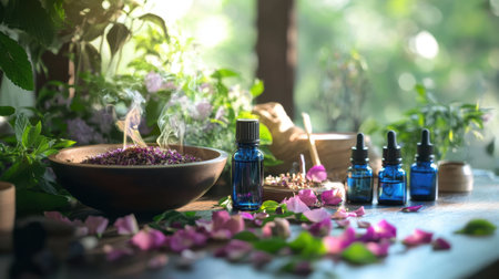 Aromatherapy setup with incense, essential oils, and flower petals arranged for calming effectの素材