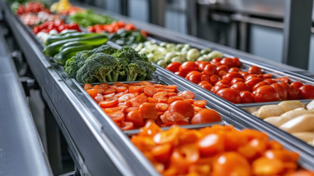 Industrial food conveyor belt transporting fresh vegetables through stainless steel processing line in modern facility.の素材
