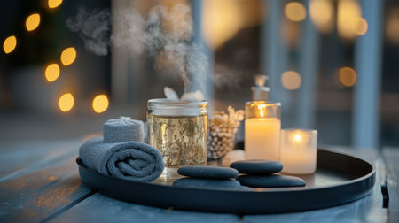 A tray with hot stones, herbal oils, and a steaming towel set for a luxurious massage sessionの素材