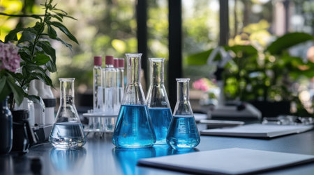 Laboratory table with glass beakers, flasks, and blue liquid, surrounded by lab tools and notebookの素材