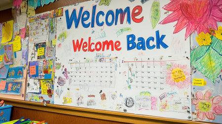 Bulletin board with colorful student artwork, class calendar, and Welcome Back bannerの素材