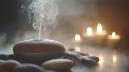 Close-up of essential oils being diffused next to smooth pebbles and glowing tea lightsの素材
