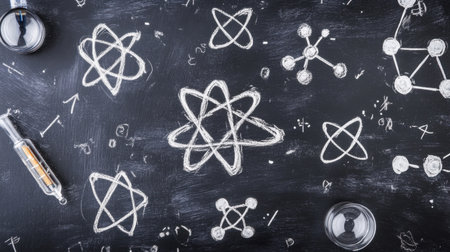 Chalkboard filled with chemical equations, atomic structures, and lab safety rulesの素材