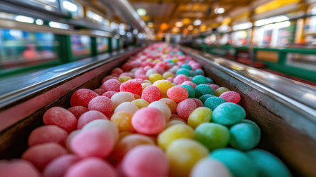 Inside a candy factory showing colorful sweets being packaged by robotic system.の素材