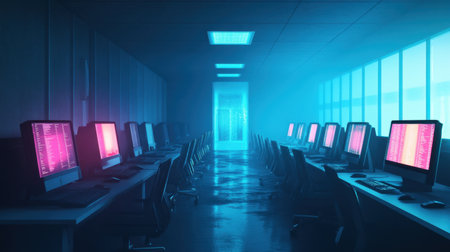 Computer lab with empty chairs, glowing monitors, clean keyboards, and quiet tech-focused setupの素材