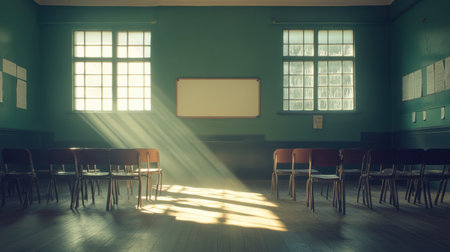 Lined-up chairs and desks facing a clean smartboard with morning sunlight shining through windowsの素材