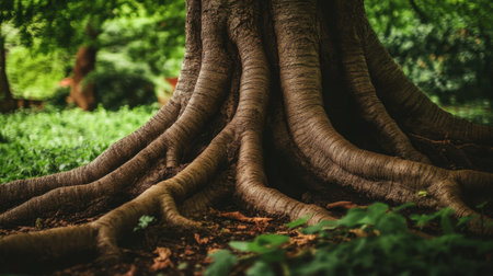 Close-up of thick tree bark on a massive trunk with soft light catching every textured detail in the forestの素材