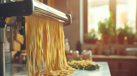 Fresh pasta sheets being cut into shapes by automated roller press on stainless workstation.の素材