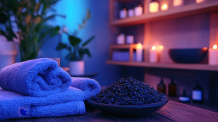 Gentle lighting and stacked spa accessories including balms, creams, and herbal teasの素材