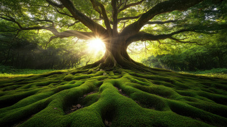 Mossy forest floor beneath towering trees lit by soft morning light streaming through a thick canopyの素材