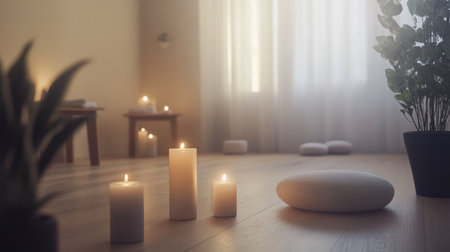Minimalist wellness spa decor with neutral tones, candles, and indoor plants for a calm retreatの素材