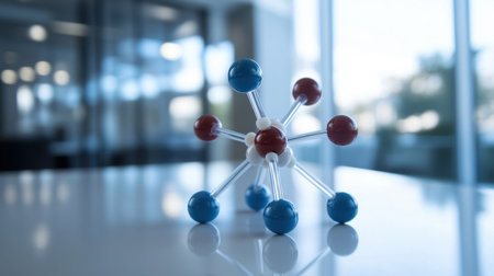 Molecular structure model with plastic atoms and bonds displayed on a white table in a labの素材