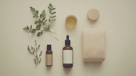 Minimalistic spa product flat lay featuring oils, balms, towels, and fresh greenery on a beige backgroundの素材