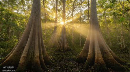 Massive tree trunks with textured bark standing tall in a vibrant green forest with scattered sunlight piercing through the leavesの素材