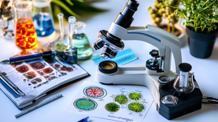 Neatly arranged biology textbook, microscope, and labeled plant cells chart on a white tableの素材