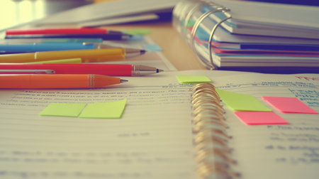 Organized planner, colored pens, and sticky notes laid out for a study session in natural lightの素材