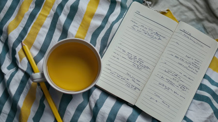 Open textbook with highlighted sections and handwritten notes on a lined notebook beside a cup of teaの素材