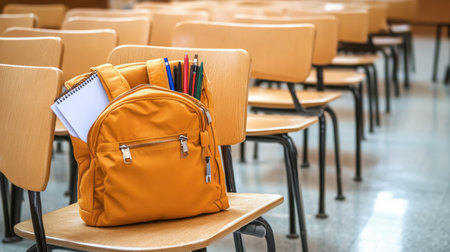 Neatly packed backpack with notebooks, pens, lunchbox, and water bottle placed on classroom chairの素材