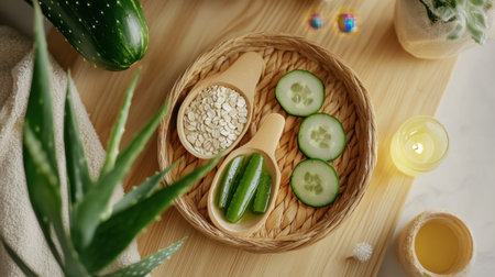 Organic spa ingredients like cucumber, aloe vera, and oatmeal prepared for skincare ritualの素材