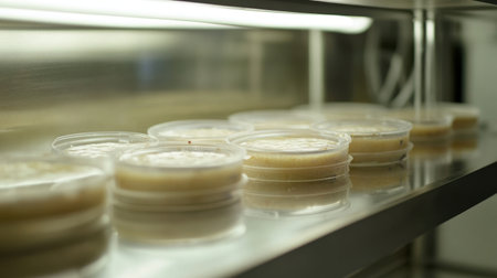 Petri dishes with bacterial cultures labeled and placed under soft lab lighting on a sterile benchの素材