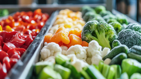 Neatly arranged frozen vegetables traveling on conveyor through quality control system.の素材
