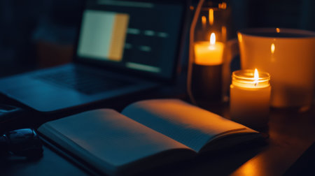 Night study ambiance with candlelight, open notebook, laptop screen glowing, and warm lightingの素材