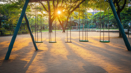 Playground with swings, climbing frames, and soft rubber flooring in the early morning lightの素材
