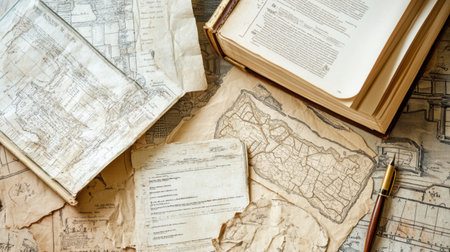 Overhead view of hand-drawn maps, history book, and quill pen set in a thematic learning setupの素材