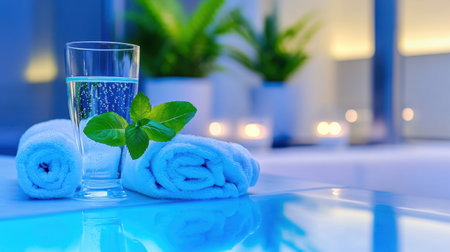 Relaxing corner in a spa lounge with infused water, rolled towels, and mood lightingの素材
