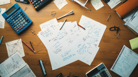 Overhead view of math homework, geometry tools, calculator, and scribbled notes on a students deskの素材