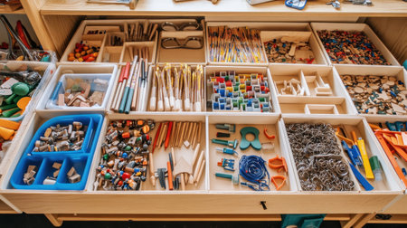 Neatly labeled classroom storage bins with educational tools, puzzles, and hands-on learning kitsの素材