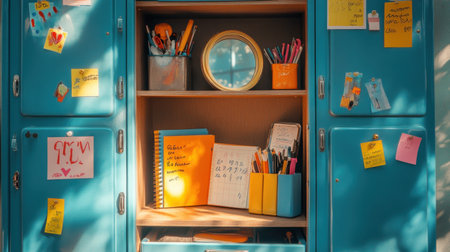 Open locker door with academic planner, sticky notes, mirror, and motivational stickers insideの素材
