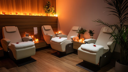 Pedicure chairs with fluffy footrests, fresh flower decorations, and ambient lighting in a modern spaの素材