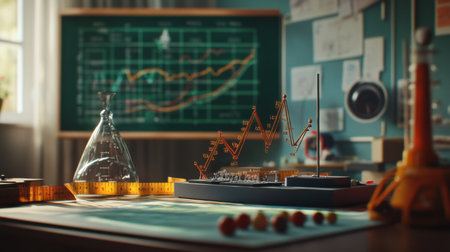 Physics lab with pendulums, measuring tape, and motion graphs displayed on a nearby boardの素材