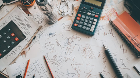 Overhead view of math homework, geometry tools, calculator, and scribbled notes on a students deskの素材