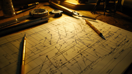 Physics motion graphs plotted on paper with rulers, stopwatch, and inclined plane toolsの素材