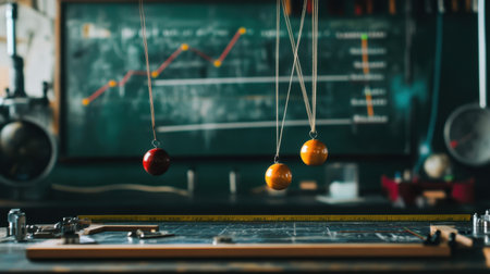 Physics lab with pendulums, measuring tape, and motion graphs displayed on a nearby boardの素材