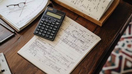 Overhead view of physics notes, scientific calculator, protractor, and printed equations on a deskの素材