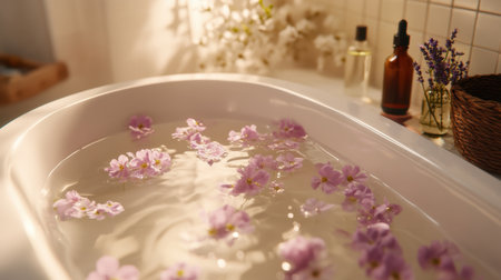 Peaceful bath scene with lavender-scented water, floating flowers, and essential oilsの素材